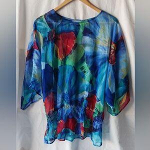 Chicos Size 2 Colorful Floral Blouse Cinched Waist Semi Sheer